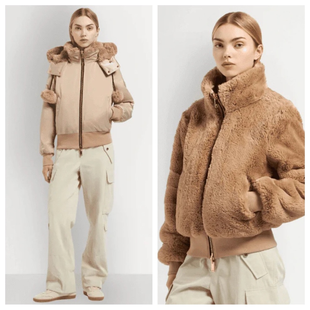 Moose Knuckles Debbie Reversible Fur Lined Bomber Jacket in Champagne